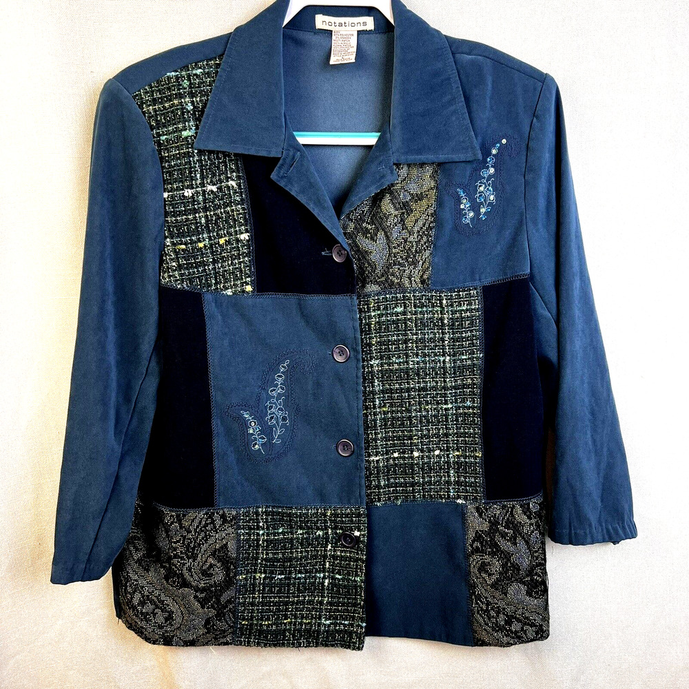 Notations Shirt Jacket Women's Large Blue Patchwork Textures Lined Casaul Work